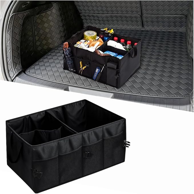 Car Trunk Organizer, Collapsible Waterproof Automotive Storage Cargo Organizer, Multi Compartment Portable Vehicle Container Box Accessories, Universal for Truck SUV Minivan (Black)