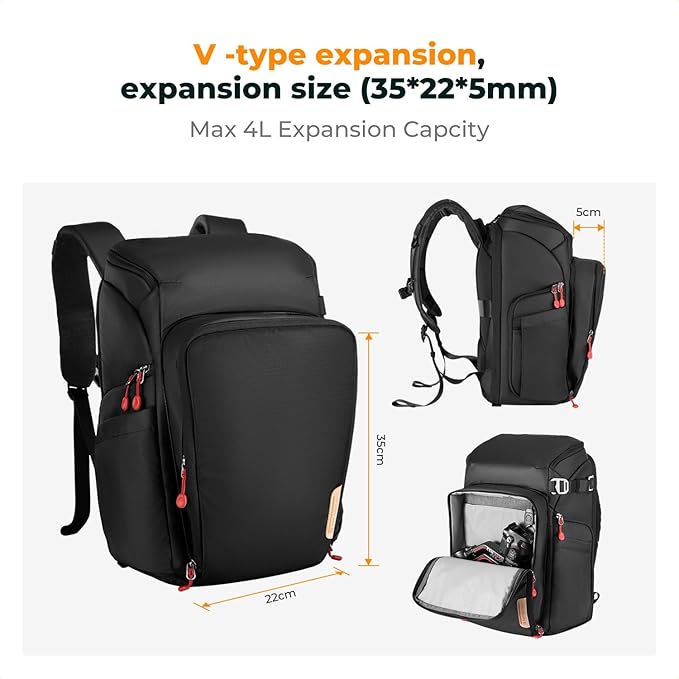 K&F CONCEPT Professional Camera Backpack, Large Photography Backpack Expandable to 25L, Quick Access&Water Resistant Camera bags with Rain Cover&Tripod Holder for Canon/Nikon/Sony/DJI/DSLR Mirrorless