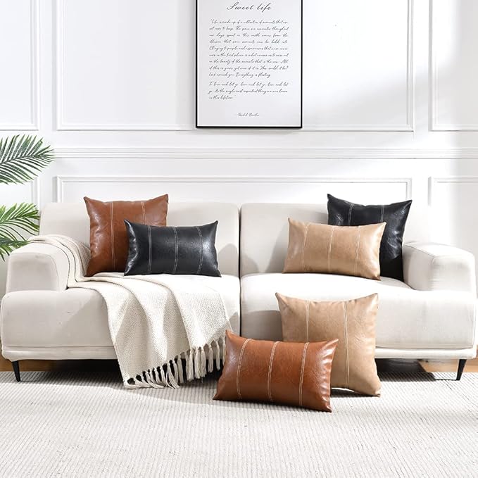 Fancy Homi Brown Boho Lumbar Faux Leather Decorative Throw Pillow Covers 12x20 Inch for Living Room Couch Bed Sofa, Hand Stitched Rectangle Cushion Case 30x50 cm, Rustic Modern Farmhouse Home Decor
