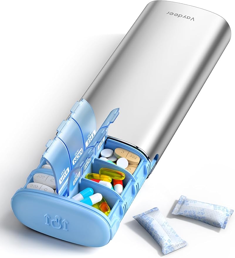 Vaydeer Metal 7 Day Pill Organizer 2 Times a Day – AM PM Weekly Travel Pill Case with Moisture-Proof Desiccant, Airtight Large Capacity Pill Box for Vitamins, Medications & Supplements (Silver)