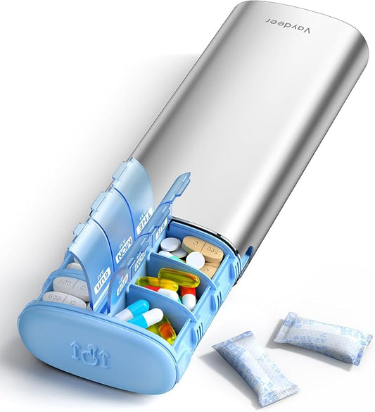 Vaydeer Metal 7 Day Pill Organizer 2 Times a Day – AM PM Weekly Travel Pill Case with Moisture-Proof Desiccant, Airtight Large Capacity Pill Box for Vitamins, Medications & Supplements (Silver)