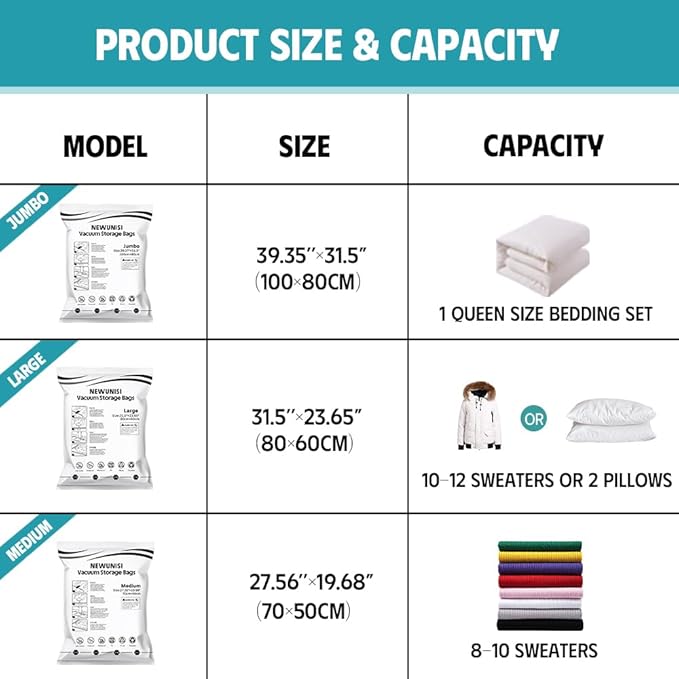 6 Pack Vacuum Storage Bags, Vacuum Seal Bags for Clothing, Comforters, Blankets, Space Saver Compression Bags with Hand Pump (2Jumbo, 2Large, 2Medium)
