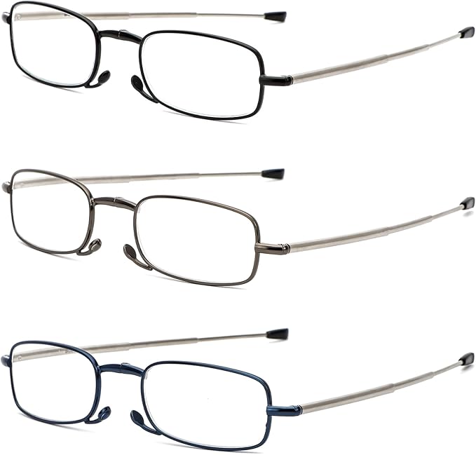 2 Pack Folding Reading Glasses Stainless Steel Mini Anti-Blue Light Blocking Reader for Men Women