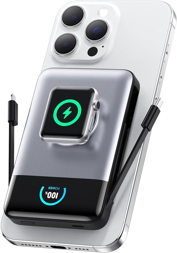 Ekrist Magnetic Portable Charger for MagSafe with Built-in Cable,iWatch Charger,Wireless Power Bank Travel Essentials,25W Fast Charging Battery Pack for iPhone 17/16/15,Apple Watch(Sliver,10800mAh)