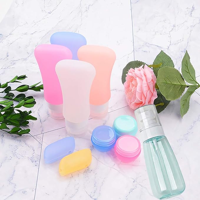 7 Pack Travel Bottle Set, 3 Ounce TSA Approved Leakproof Silicone Containers and 100ml/3.50z Fine Mist Hairspray Bottle Refillable Containers for Cosmetic Skincare Perfume