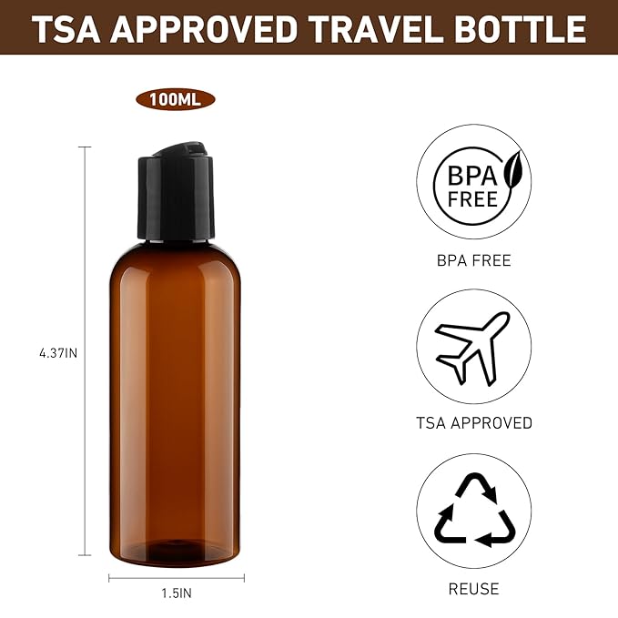 10 Pack 3.4 oz Travel Bottles for Toiletries TSA Approved Leak Proof Travel Size Containers Plastic Empty Shampoo Bottles with Labels Squeeze Bottle Toiletry Accessories(Brown)