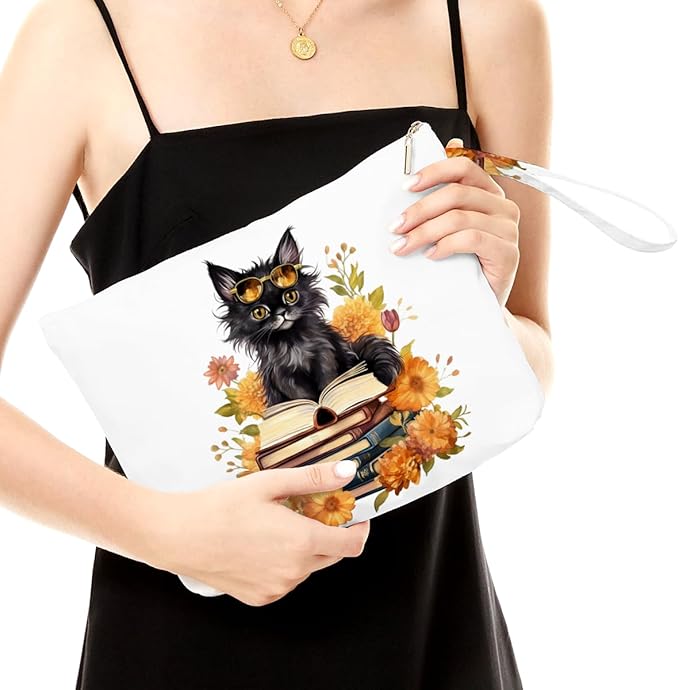 Fokongna Black Cat Print Wet Bag, Small Portable Waterproof Multi-Functional Organizer for Women，Yellow Bookish Black Cat，Ideal for Daily, Beach & Travel