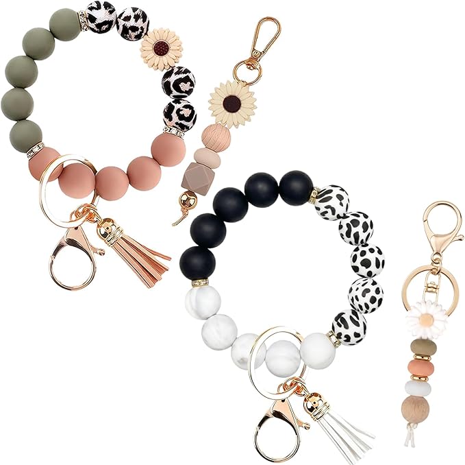 2PCS Bracelet Key Ring Set, Cute Car Key chain Wristlet, Silicone Beaded Bangle keyChains for Women Girls