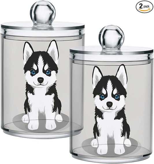 2 Pack Qtip Dispenser Apothecary Jars Dog Bathroom Organizer, Siberian Husky Puppy Qtip Holder Storage Canister Plastic Acrylic Jar for Cotton Ball/Swab/Rounds