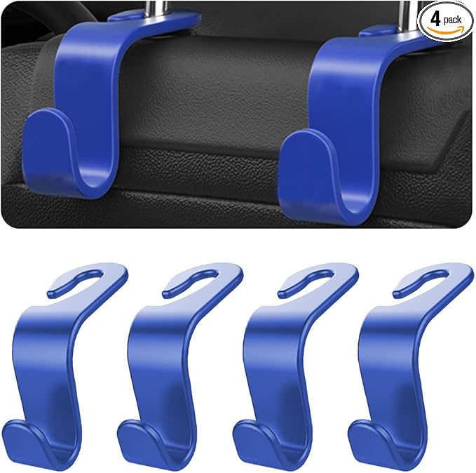 8sanlione Car Back Seat Headrest Hooks, 4PCS Vehicle Backseat Storage Organizer Hanger, Multifunctional Auto Headrest Hidden Hook Universal for Handbag Purse Backpacks Bags and Groceries (Blue)