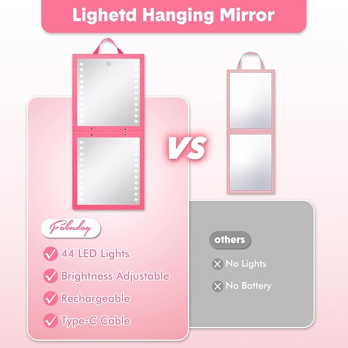 Fabuday Lighted Hanging Mirror for Dance Backstage - Rechargeable Folding LED Full Length Mirror with Lights for Dancers, Portable Foldable Travel Body Mirrors, Brightness Adjustable, Berry