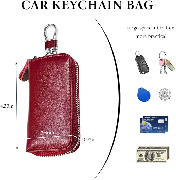 Leather Car Key Holder Bag, Unisex Key Fob Case with 6 Hooks, Zipper Closure Keychian Case Wallet for Smart Keys (Wine Red)