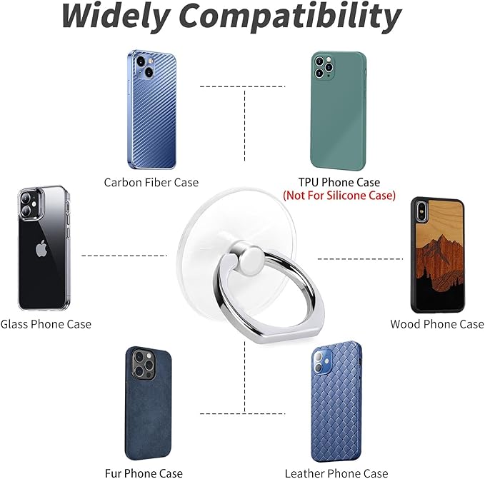 2 Pack Jsoerpay Cell Phone Ring Holder, Transparent Ring Holder 360°Rotation Finger Ring Stand, Phone Kickstand Compatible with Most of Phones, Tablet and Case (Silver)