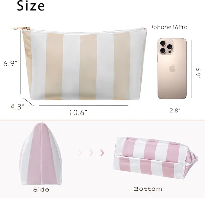Large PVC Waterproof Striped Makeup Bag,Clear Coated Cosmetic Bags,Easy to Clean,Travel Organizer Zipper Pouch Beach Vacation Essentials for Women Girls(02Beige)