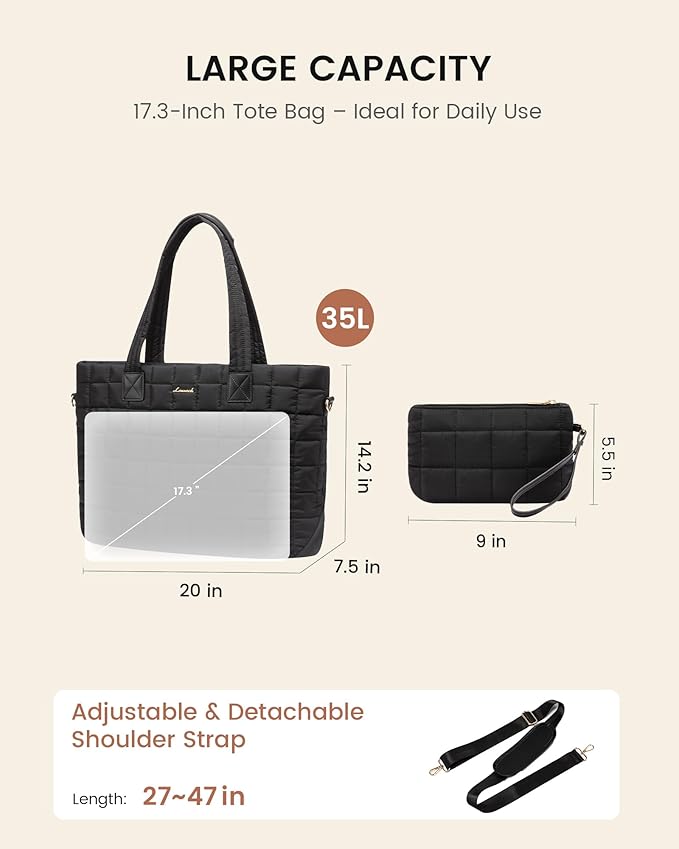 LOVEVOOK Laptop Tote Bag for Women, 17 Inch Large Puffer Work Computer Tote Bags for Teacher Nurse, Quilted Women's Purse Tote Shoulder Handbags with Zipper for Travel College Office Gym, Black