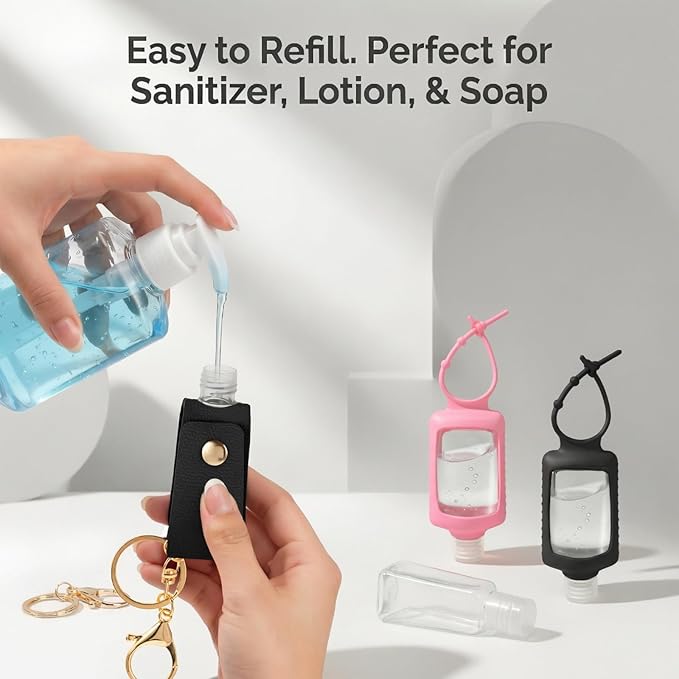 4 PCS Hand Sanitizer Holder Keychain, 2 Oz Refillable Empty Travel Squeeze Bottles for Lotion Liquid, Travel Essentials for Backpack (Black, Pink)