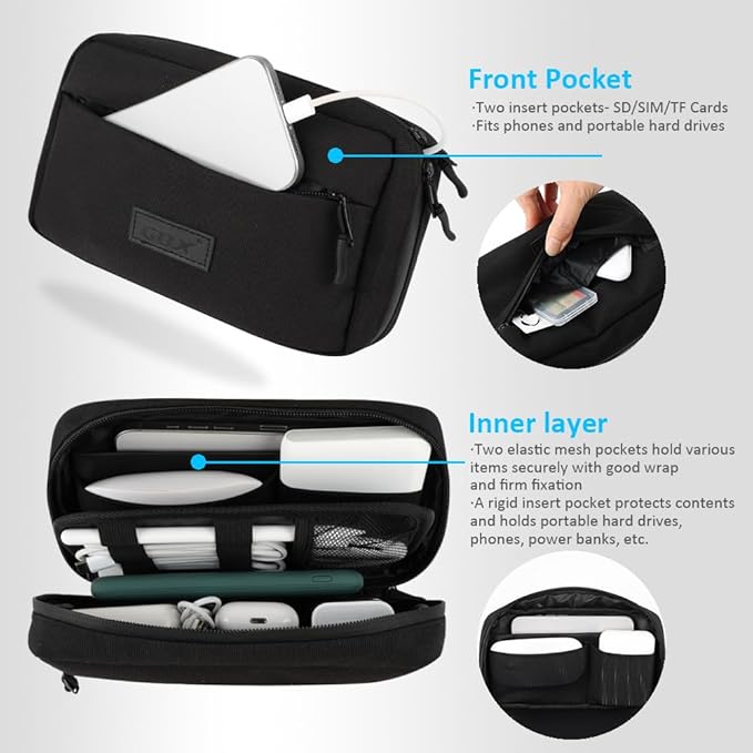 GOX Cable Organizer Travel Bag, Water Resistant Electronic Accessories Case, All-in-One Tech Storage Pouch for Chargers, Cords, Batteries,Phone, Hard Drive & Power Bank, Black