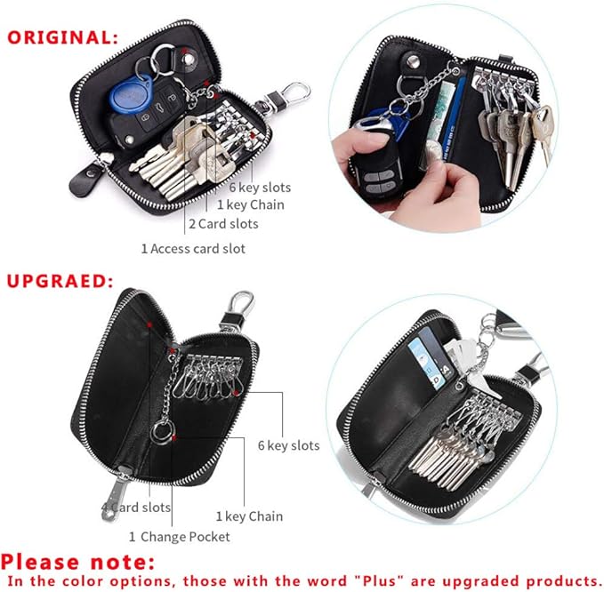 Genuine Leather Key Holder Bag with 2 Card Slot & 6 Hooks & 1 Access Card,Key Case Car Key Holder Wallet for Men Women