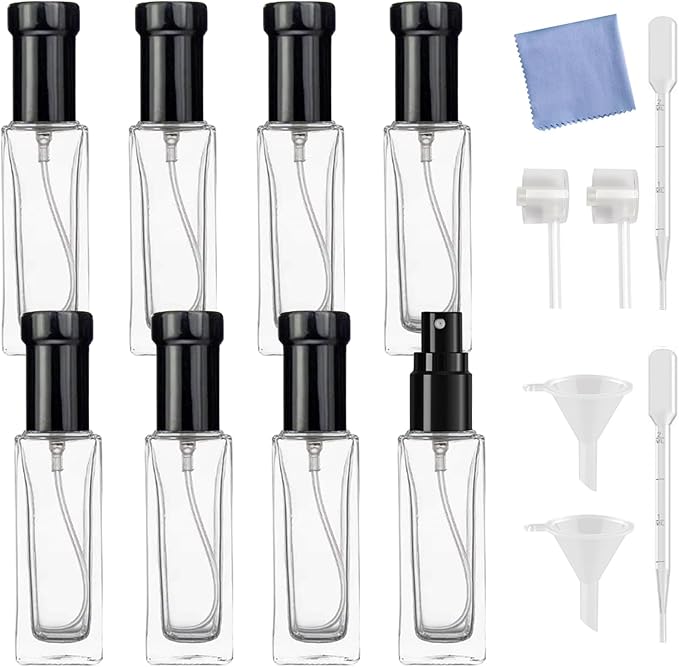 8PCS 10ml Perfume Spray Bottle, Mini Portable Travel Glass Square Spray Bottle,Small Fine Mist Spray Bottle, Refillable Atomizer Sprayer for Perfume, Sample Spray Bottle(Black, 10ml)