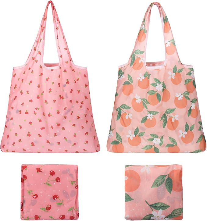 4 PCS Large Foldable Reusable Shopping-Bags, Grocery Bags, Cute Foldable Bag, Reusable Shopping Bags, Washable Polyester Bag for Daily Shopping (2 Styles