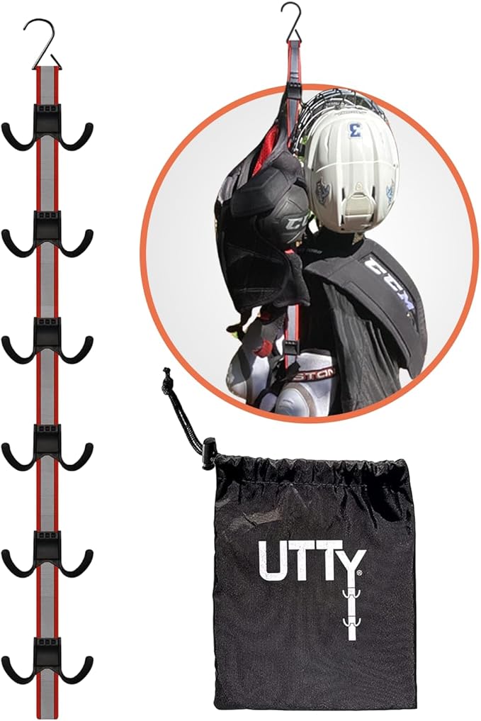 UTTY Multipurpose Portable Hanging Rack - Durable Hockey Gear Drying Rack & Sports Equipment Organizer - 6 Durable Adjustable Hooks, Support Light to Heavy Weight for Home, Travel & Outdoor Use