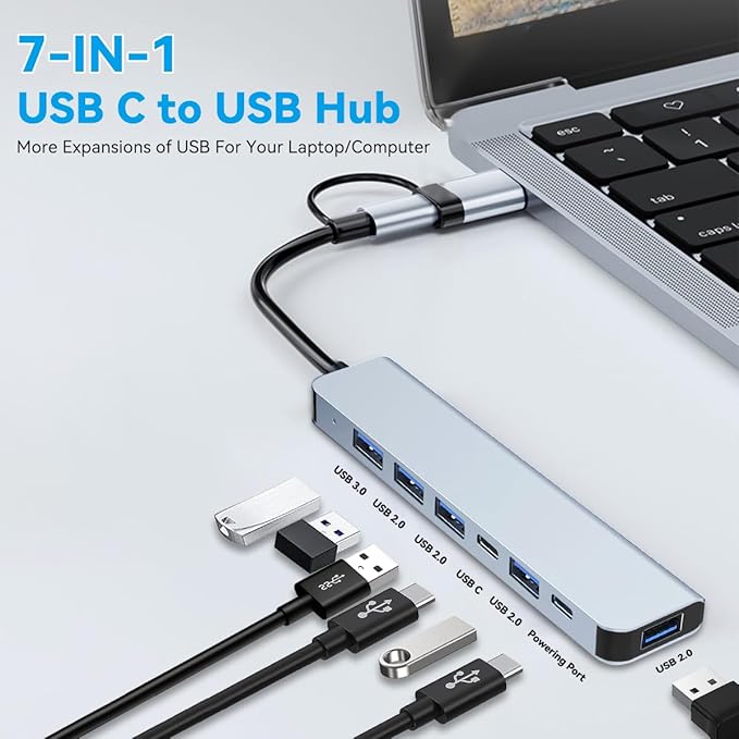 USB C/USB Hub Aluminum 7 in 1 Type-C USB Extender Multiport Adapter with USB3.0 & USB2.0 Ports for PC/Laptops/MacBook Pro/Air/iMac/iPad and More Devices