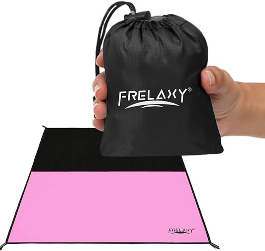 Frelaxy Pocket Picnic Blanket, Waterproof Sandproof Beach Mat, Compact Camping Tarp for Festivals, Hiking, Travel, Outdoor Recreation (Pink & Black, 57'' x 60'')