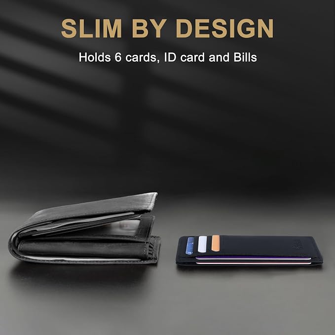 Travelambo Slim Wallet Front Pocket Minimalist Leather RFID Blocking Medium Size(Edge-Finished Black)