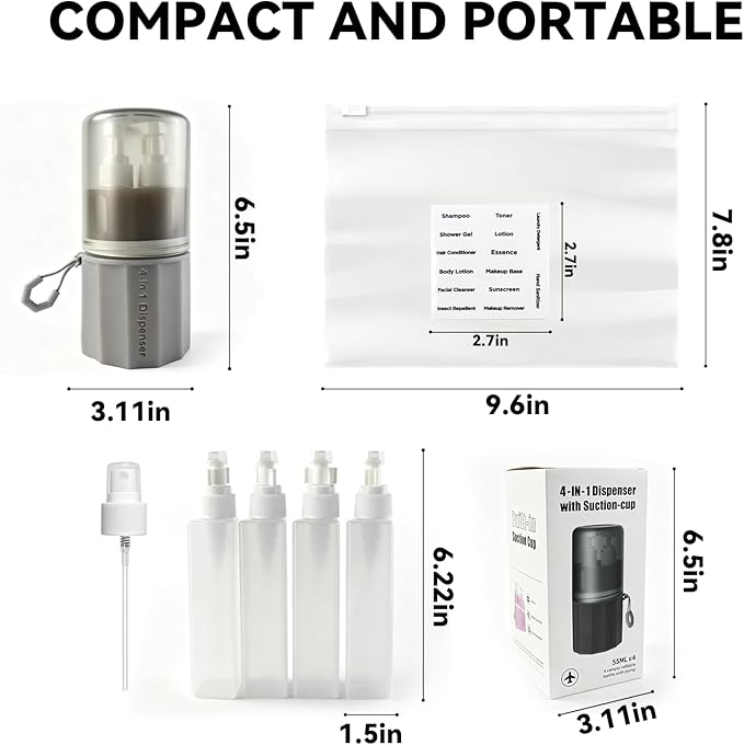 4 in 1 Travel Dispenser，Unbreakable Silicone Travel Dispenser Bottle, Vacuum Suction Wall Mounted Refillable Containers,Leakproof Toiletry Containers for Shampoo, Lotion, Baby Care-Grey.