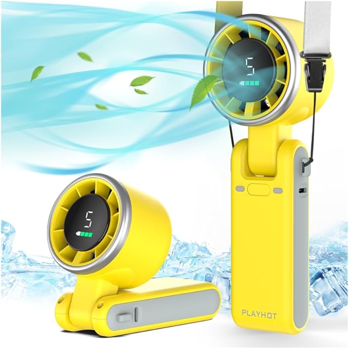 PlayHot Portable Handheld Turbo Fan, 5-Speed Personal Fan, USB-C Rechargeable Fan Up to 12 Hours, 3 IN 1 Hand Fan with Air Turbo Tech Cooling, Travel Fan for Cruise, Beach, Gifts for Women (Yellow)