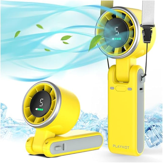 PlayHot Portable Handheld Turbo Fan, 5-Speed Personal Fan, USB-C Rechargeable Fan Up to 12 Hours, 3 IN 1 Hand Fan with Air Turbo Tech Cooling, Travel Fan for Cruise, Beach, Gifts for Women (Yellow)