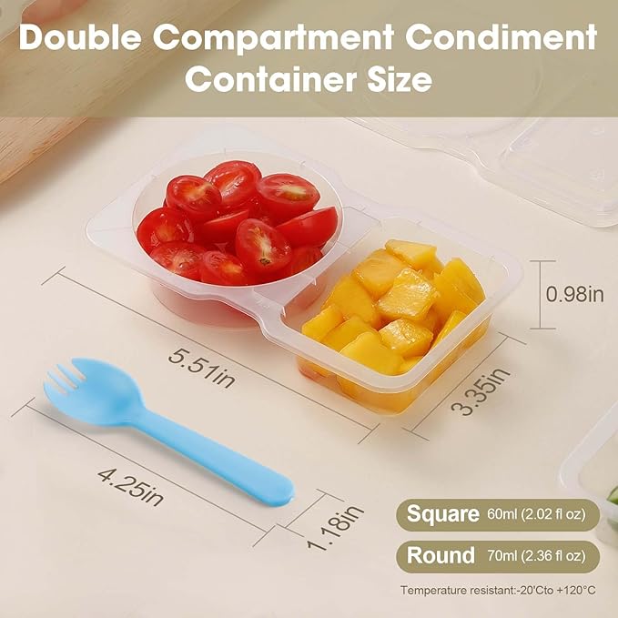 100PCS Reusable Snack Containers with Lids,2 Compartment Snack Containers with 100 Spoons,Snack Pack Containers for Condiments,fruits and salads
