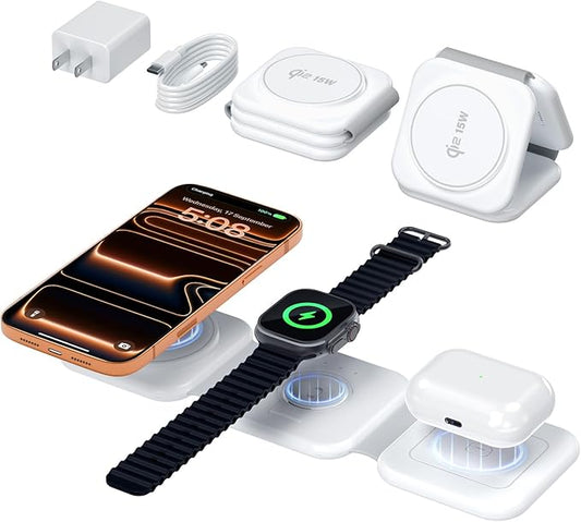 15W Travel Charging Station for Apple Multiple Devices, 3 in 1 Foldable Magnetic Wireless Charger-Qi2 Fast Charging Pad for iPhone Air 17 16 15 14 13 12 Pro Max, Watch & Airpods-Slim, Portable, White