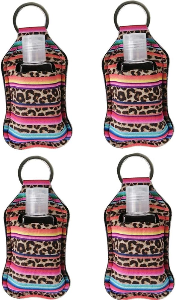 4 Piece Hand Sanitizer Bottle Holder Keyring-Ranxizy Neoprene Keychain for 30ML Gym Shampoo Lotion Soap Perfume and Liquids Travel Containers,Striped Leopard