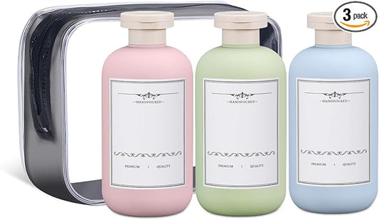 ASEVAT Plastic Leak Proof Travel Bottles for Toiletries, TSA Approved Travel Size Containers, Squeeze Bottles Refillable for Shampoo, Lotion & Body Wash (Blue+Pink+Green, 10 oz)
