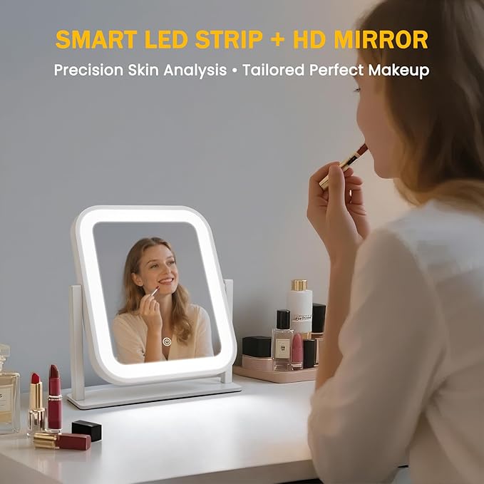 Rechargeable Vanity Mirror with Lights, 1500mAH, 10"×9" Makeup Mirror with Lights, Smart Touch with 3-Color Lighting, 360° Rotation, Portable LED Desk Mirror, Bedroom (White)