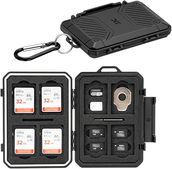 JJC Slim Memory Card Case for 8 SD 12 TF and 2 Nano SIM Cards, IP67 Waterproof Anti-Shock Anti-Dust, Compact Size & Portable SD SDHC SDXC TF Micro SD Card Holder Organizer Storage Box with Carabiner