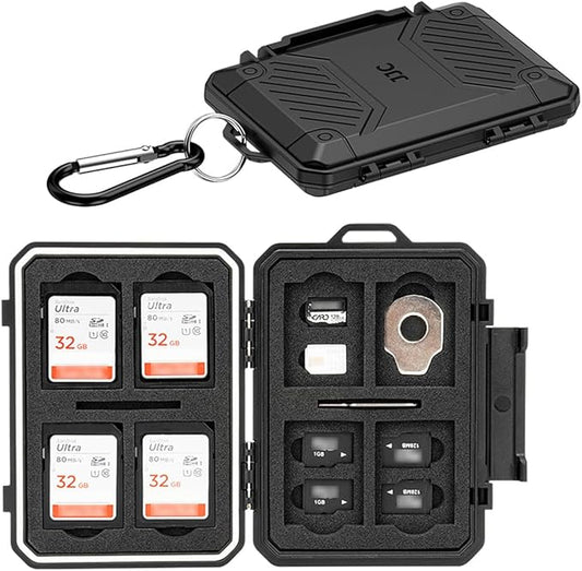 JJC Slim Memory Card Case for 8 SD 12 TF and 2 Nano SIM Cards, IP67 Waterproof Anti-Shock Anti-Dust, Compact Size & Portable SD SDHC SDXC TF Micro SD Card Holder Organizer Storage Box with Carabiner