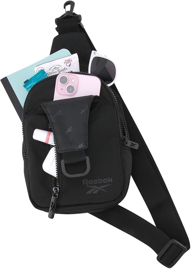 Reebok Unisex Crossbody Bag - Convertible Compact Durable Cross Body Bag for Women and Men - Gym and Travel Essentials, Size One Size, Berry Black