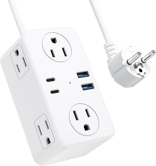 Kakyanill European Travel Plug Adapter, Type E F Plug Adapter, 6 AC Outlets, 4 USB Ports (2 USB C), 3ft Wrapped Around Extension Cord, for Germany France Travel