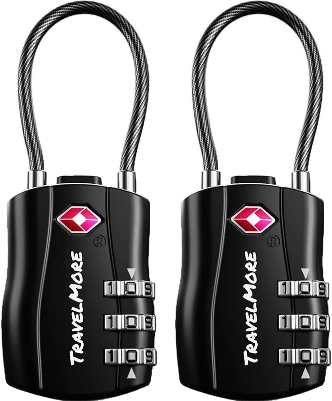 2 Pack TSA Approved Travel Combination Cable Luggage Locks for Suitcases & Backpacks - Black