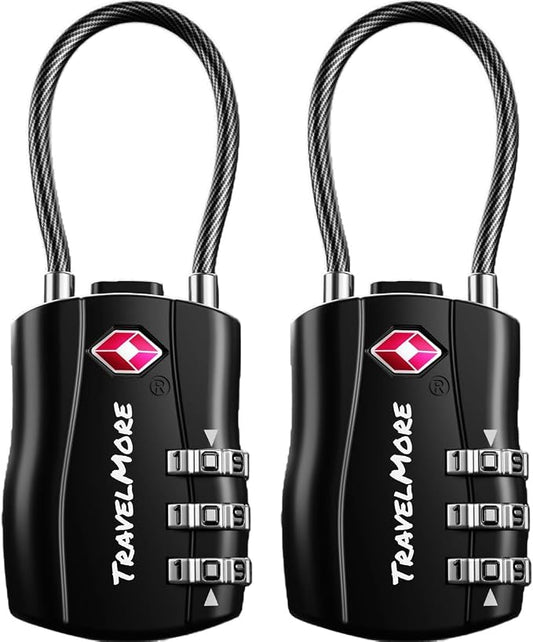 2 Pack TSA Approved Travel Combination Cable Luggage Locks for Suitcases & Backpacks - Black