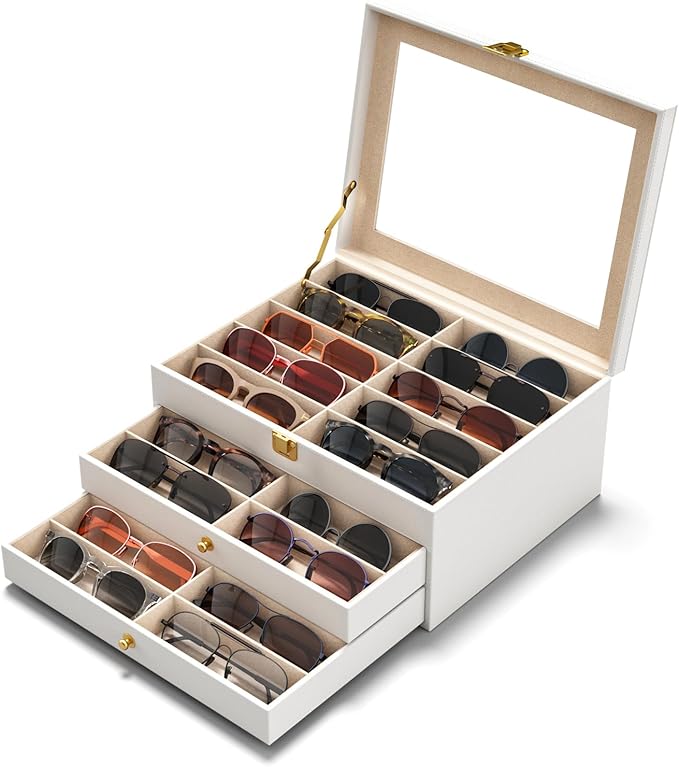 NEWLOOP 10/30 Slots Sunglass Organizer for Multiple Pairs of Eyeglass See-through Display Case Storage Box for Women Men