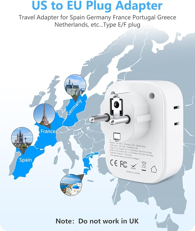 LENCENT 3 Pack Germany France Travel Power Adapter, Schuko Type E/F Power Plug Adaptor with 4 USB Ports(2 Type C), 4 Outlet Converter, US to EU Spain French German Greece Norway Iceland South Korea