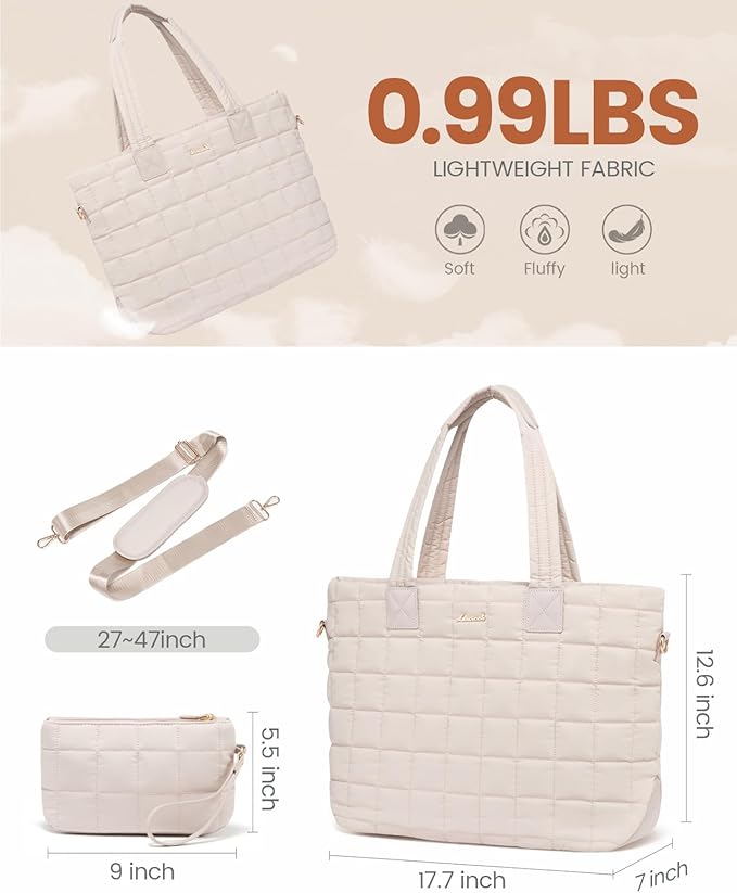 LOVEVOOK Laptop Tote Bag for Women, 15.6 Inch Large Puffer Work Computer Tote Bags for Teacher Nurse, Quilted Women's Purse Tote Shoulder Handbags with Zipper for Travel College Office Gym, Taupe