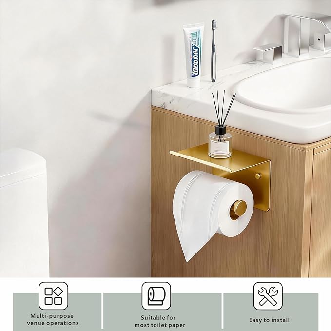 Toilet Paper Holder with Shelf, Heavy-Duty Stainless Steel Bathroom Hardware, Self-Adhesive No-Drill/Drill-Mount Wall-Mounted Roll Holder, Rust-Proof Bathroom Tissue Rack (Gold)