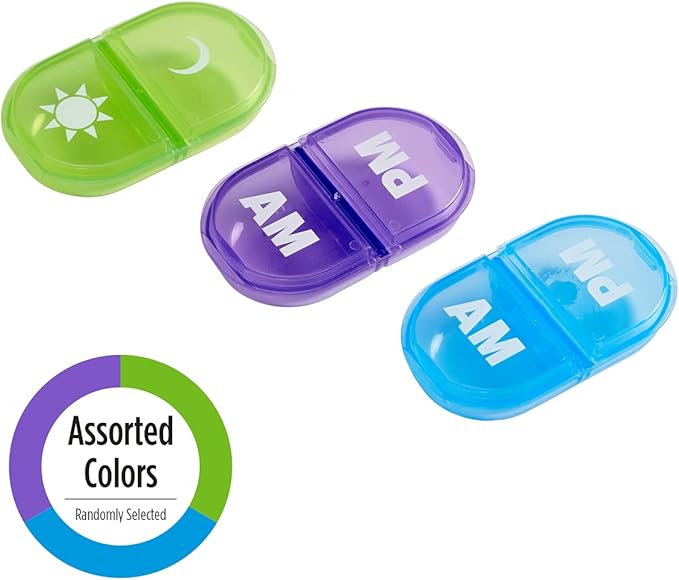 Ezy Dose Daily AM/PM Pocket Pharmacy Travel Pill Case, Medicine Planner, Vitamin Organizer, Snap-Shut Lids, Color May Vary, BPA Free
