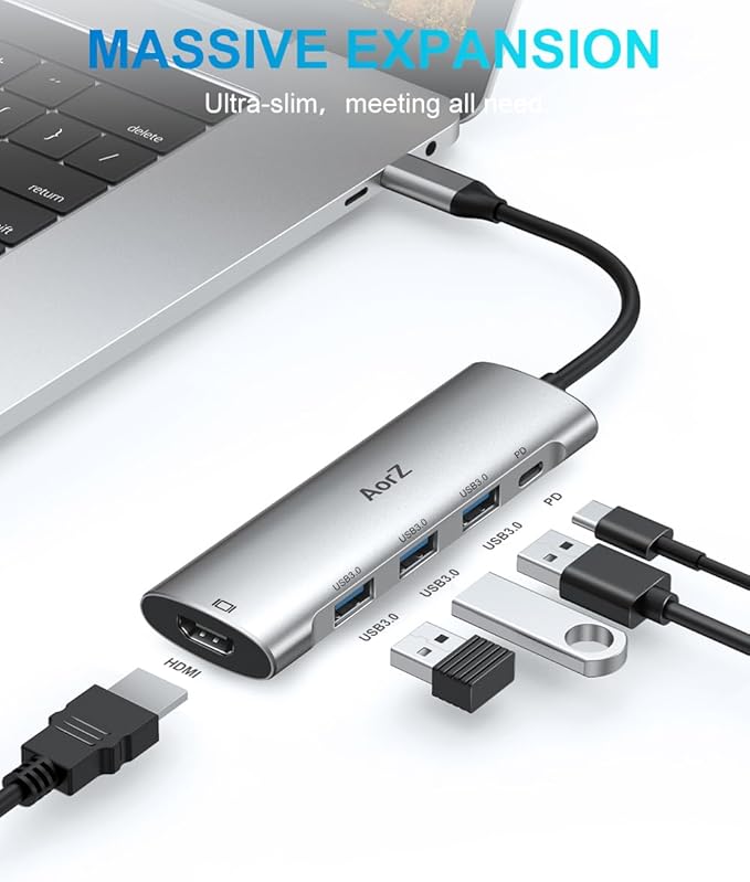 USB C Hub,USB C Hub Multiport Adapter 4K@60Hz AorZ 5 in 1 USBC to Hdmi Adapter with 1 * 4K HDMI Output, 3*USB 3.0 Ports,1*PD, Adapter for MacBook,Steam Deck and Most Type C Devices