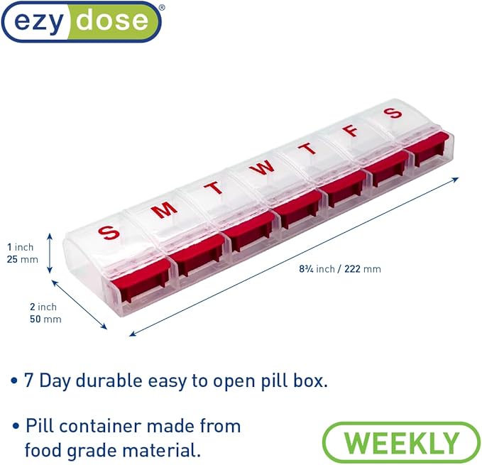 EZY DOSE Weekly (7-Day) AM/PM Daily Pill Organizer, Vitamin Case, and Medicine Container, X-Large Compartments, Arthritis Friendly, Convenient with Effortless Portability, Clear/Red Lids, BPA Free