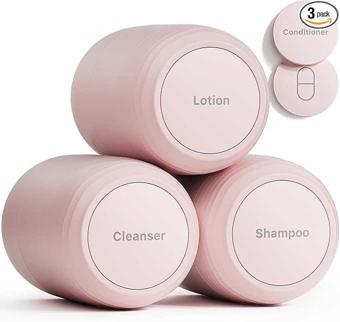 New Travel Toiletry Containers [Ultra Leakproof] TSA-Approved, PLA Hard Shell Jars with 5 Magnetic Labels, Wide Mouth Bottles for Lotion, Cleanser, Shampoo, Conditioner, Pink, 3 Pack, 2OZ